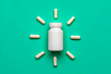 White bottle and capsules on green background for medical or pharmaceutical concepts and product mockup