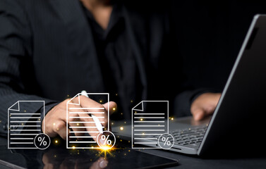 Tax return calculations to document income statement government fill out tax forms. Data analysis financial research reports, Payment of taxes according to the rate Tax collection business tax burden.