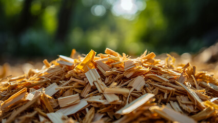 Closeup of wood chips mulch for gardening and landscaping projects on a sunny day in the garden