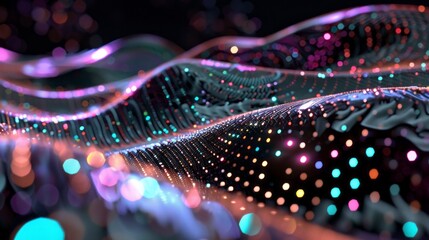 Abstract data waves flowing with light particles in a digital, technology future visualization.