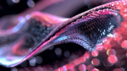 Wavy iridescent surface, reflecting pink and blue light, creating a soft dreamy abstract composition.