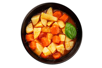 Stewed potatoes with carrots vegetarian side dish fresh delicious gourmet food background on the table rustic food top view copy space keto and paleo diet vegan food