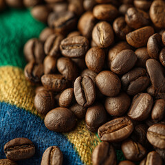 Naklejka premium Close-Up of Roasted Coffee Beans Over Brazilian Flag