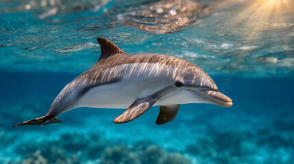 Fototapeta premium Sleek dolphin glides through turquoise ocean depths
