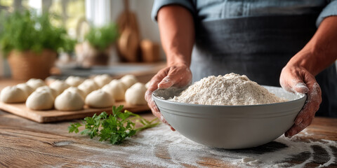 Fototapeta premium Hands holding bowl of flour on wooden table, dough balls in background, kitchen scene, natural light, preparation for baking bread
