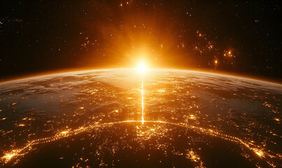 A radiant, illuminated planet, its surface aglow, dominates a starry expanse. Sunburst emanates from horizon, ethereal