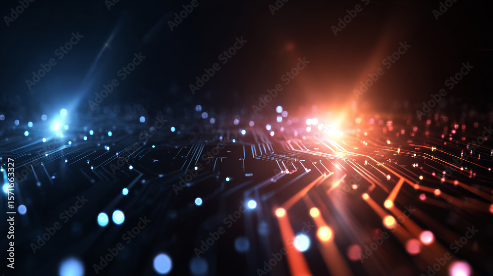 Fototapete Perspective Cyber Sci Fi circuit technology background. Abstract 3D futuristic circuit lines movement motion for advertising and game. Glowing binary code. Digital innovation tech. Sci fi Vector EPS10