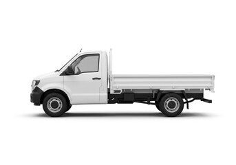 Side view of a white flatbed truck with black trim isolated on a white background in a studio shot