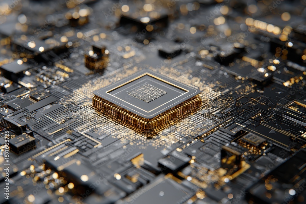 Poster quantum chip embedded in complex circuit board illustrating advancements in quantum computing techno