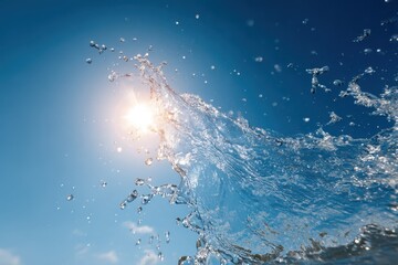 Splashes of water dance against a bright blue sky on a warm summer day, catching sunlight and creating a refreshing spectacle