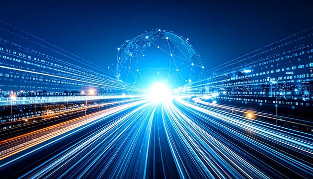 City highway at night, digital globe, data streams