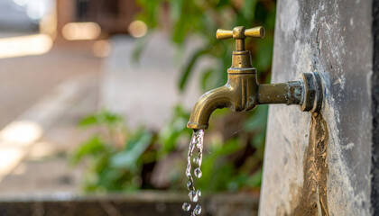 Old-fashioned brass tap releasing steady stream of water. Rustic charm.