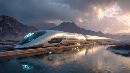 Obraz premium Fast modern express passenger train no high speed railway in hyperloop moving from flash light. Futuristic technology, hi tech future digital transport, hyperloop concept. Low pole 3d abstract