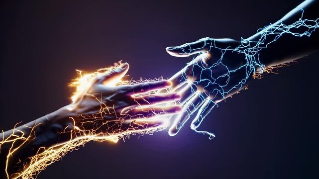 Hands reaching for glow network connection through abstract particle interaction futuristic technology interface with dynamic energy and connection interaction across glowing particle network patterns