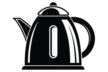Black and white illustration of a modern electric kettle with a handle and lid