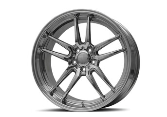 Fototapeta premium Close up of a shiny silver car rim with seven spokes on a white background in studio lighting