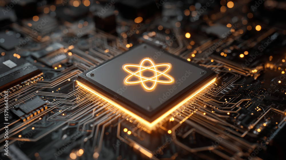Poster ai chip and abstract digital atom icon on technology background. science tech bg. circuit light line