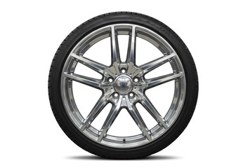 Fototapeta premium A car tire with a shiny silver rim and black rubber isolated on a white studio background close up view