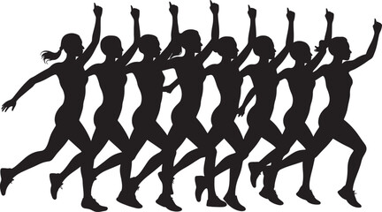 Silhouette of female runners in motion showing athletic women running in group race movement action
