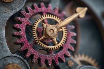Close up view of an intricate clock gear showcasing elaborate craftsmanship and the delicate movement of its components in a mechanical timekeeping device