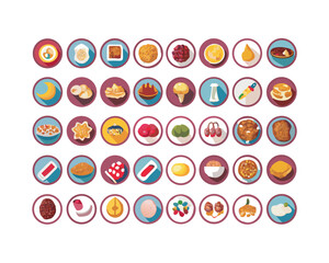 Extensive icon set featuring diverse international foods perfect for menus cookbooks culinary websites and food related apps showcasing a wide variety of global cuisines in