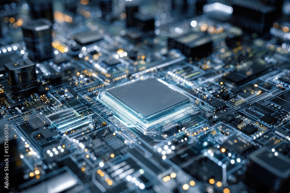 Poster high tech circuit board background showcasing intricate patterns and luminous components in a detail