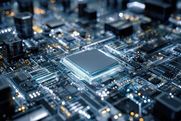 High tech circuit board background showcasing intricate patterns and luminous components in a detailed abstract representation of modern technology