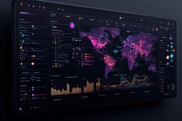 a computer screen displaying a world map with data visualizations.