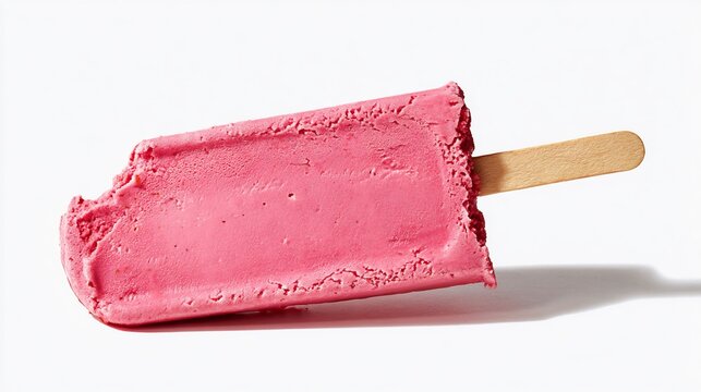 Bright pink strawberry ice cream bar wooden stick with melted edge and bite mark isolated with no background clean studio style