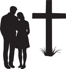 Silhouette of man and woman standing together near cross symbol with grass for memorial and remembrance