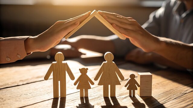 Photo of two hands gently create a houselike structure over a wooden family, representing family care and security