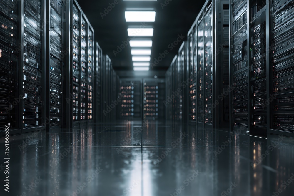 Poster data server center architecture showcasing rows of servers and equipment in a high-tech environment 