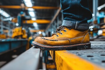 Close up view of a safety work shoe on a worker's foot in an active industrial environment during daylight hours