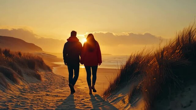 Couple walks sandy beach path at sunset; dunes and ocean views