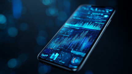 Advanced Technology Concept with Smartphone and Glowing Data. Phone integrated with advanced technology, emitting a radiant data screen on a futuristic blue digital background. Vector