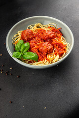Spaghetti meatballs tomato sauce Italian recipe fresh delicious gourmet food background on the table rustic food top view copy space