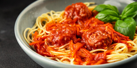 Spaghetti meatballs tomato sauce Italian recipe fresh delicious gourmet food background on the table rustic food top view copy space