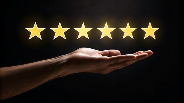 Photo of a persons hand presents five illuminated golden stars, signifying a perfect fivestar rating and exceptional quality