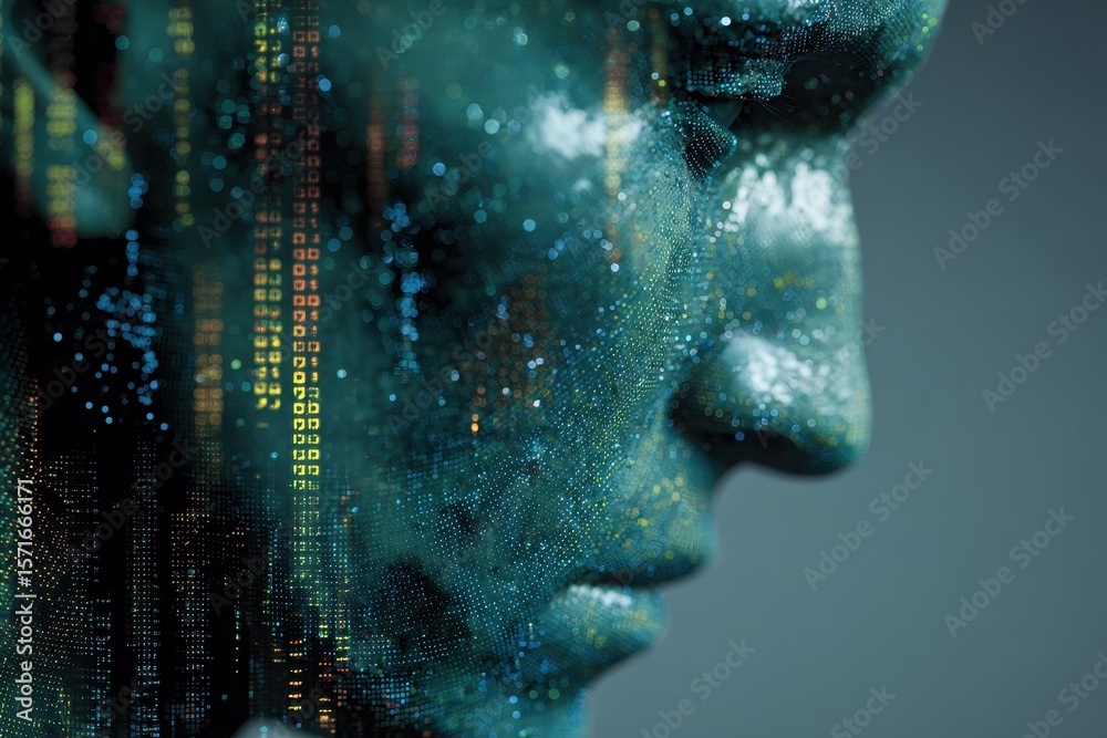Poster data technology portrait featuring a digital representation of a human face illuminated by binary co