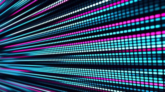 Animation of an LED or pixel panel, where bright stripes of blue, purple and white light create the effect of movement and energy. The video conveys a sense of data flow, speed.