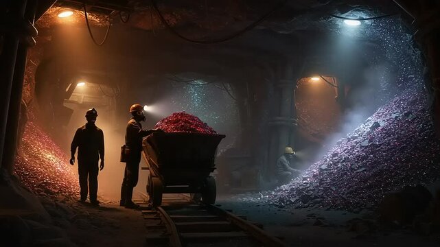 Ruby Mine Exploration: Miners Extract Precious Gemstones in Underground Cave System