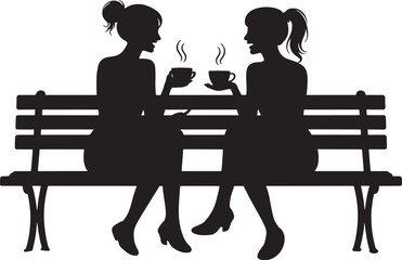 Silhouette of Women Sitting on Bench Drinking Coffee for Friendship Conversation and Social Design