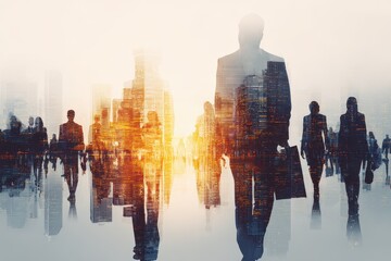 Modern city skyline with silhouettes of business professionals commuting during sunset