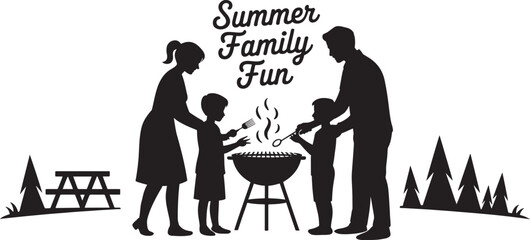 Summer Family Fun Silhouette with Parents and Kids Cooking on Grill for Picnic and Outdoor Activity Design