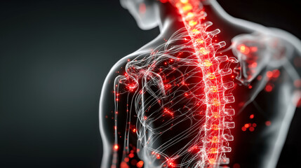 3D Illustration of Human Spine and Nervous System with Glowing Red Neural Pathways. Autoimmune attack shown at the body systems level
