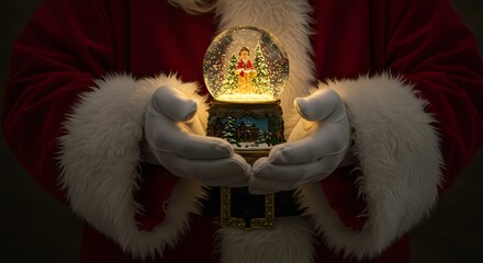 Santa Claus holding a glowing magical snow globe filled with Christmas wonder
