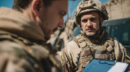 Fototapeta premium Two soldiers in military gear reviewing documents outdoors, focused.