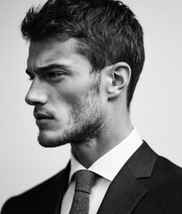 Serious businessman wearing suit and tie posing for black and white portrait
