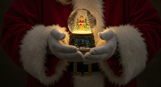 Santa Claus holding a glowing magical snow globe filled with Christmas wonder - Powered by Adobe