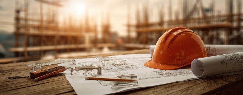 The construction hardhat rests on blueprints at a bustling site during sunset.